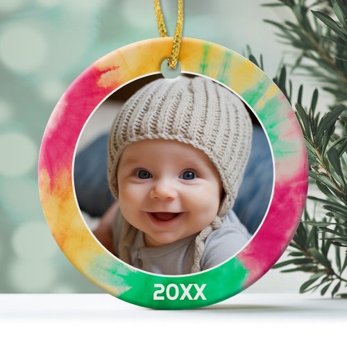 Tie Dye Border with Photo and Year _ Red Green Ceramic Ornament