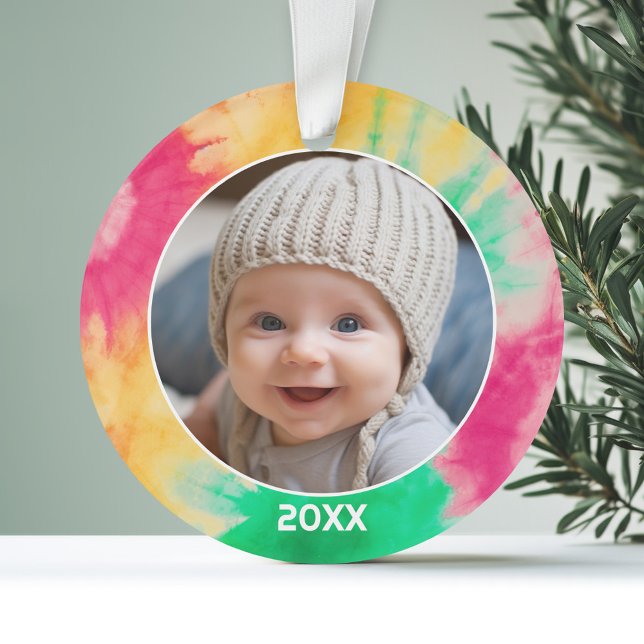 Tie Dye Border with Photo and Year - Red Green Ornament (Personalized Photo Ornament - Tie Dye Border)