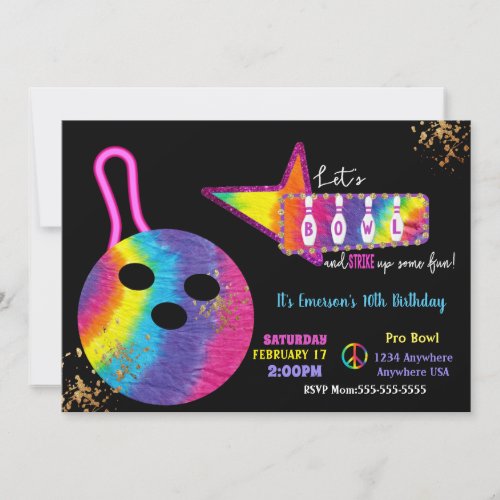 Tie Dye Bowling party Birthday 70s  glow bowling Invitation