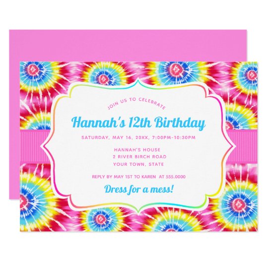 tie dye celebration pink rainbow birthday invitation zazzlecom