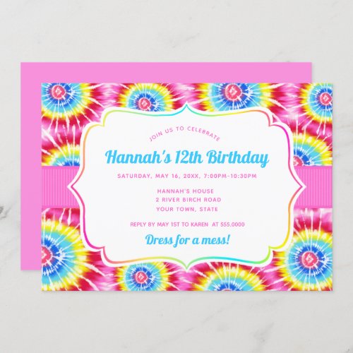 Tie Dye Celebration Pink Rainbow Birthday Invitation