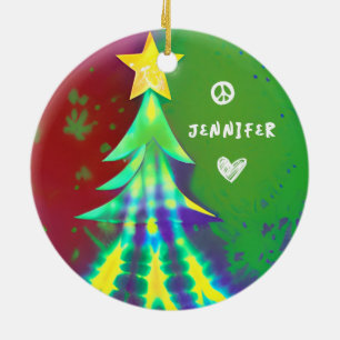 Tie Dye Christmas with Peace Sign Personalised Ceramic Ornament