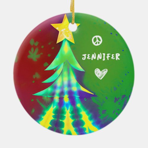 Tie Dye Christmas with Peace Sign Personalised Ceramic Ornament