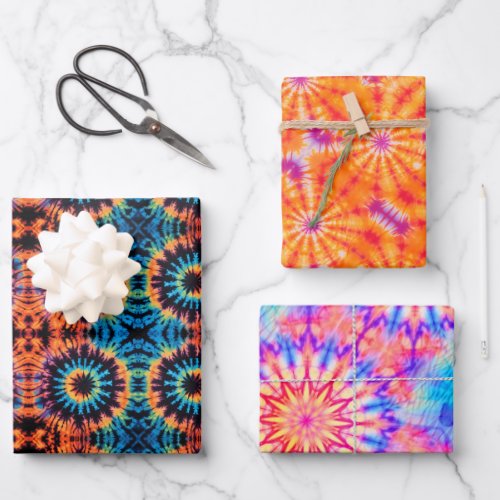Tie_Dye Colofull Mandala Hippie Set of 3 Wrapping Paper Sheets