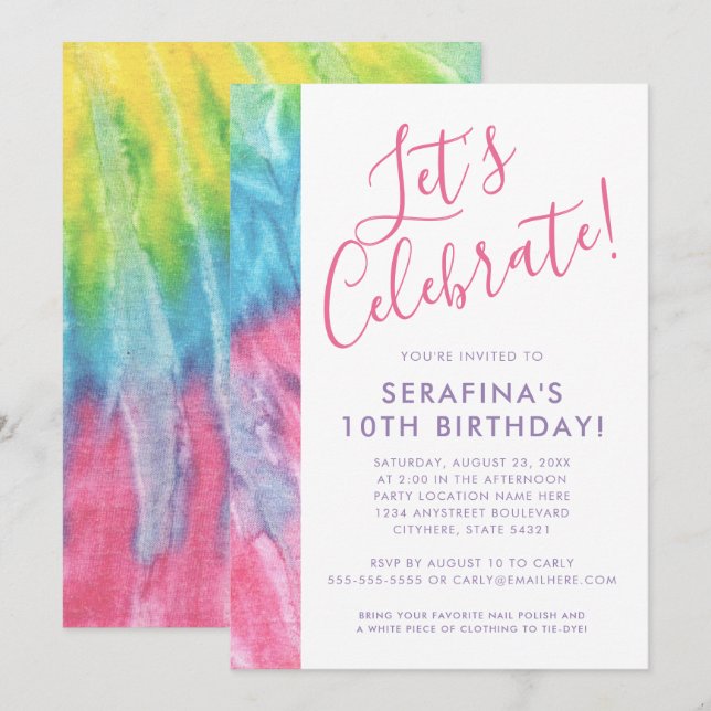 Tie Dye Colorful Bright Pastel Pink Tween Birthday Invitation (Front/Back)
