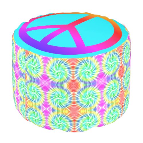 Tie Dye Design with Peace Sign Round Pouf