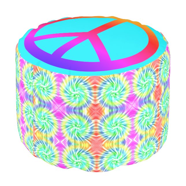 Tie Dye Design with Peace Sign Round Pouf (Angled Back)