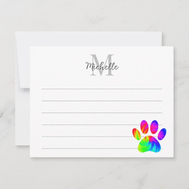 Tie Dye Dog Paw Print Graphic Lined Monogram Note Card (Front)