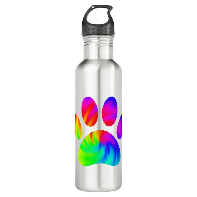 Tie Dye Dog Paw Print Graphic Stainless Steel Water Bottle (Front)