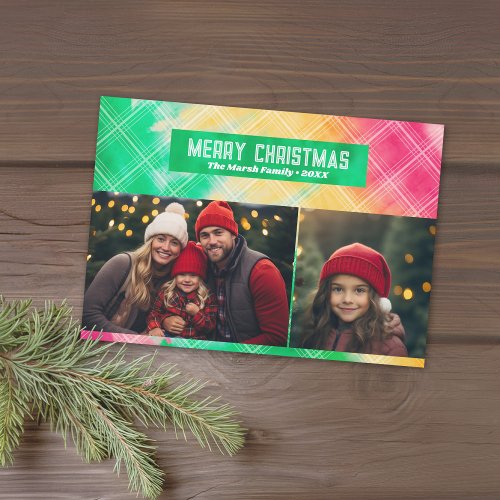 Tie Dye Eye Catching Red Green 2 Photo Collage Holiday Card