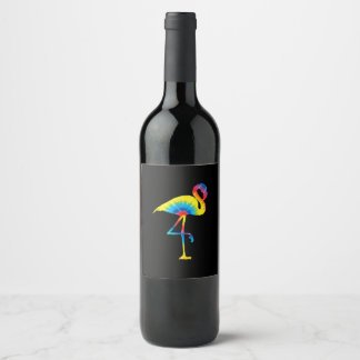 Tie Dye Flamingo Rainbow Print Bird Animal Hippie Wine Label