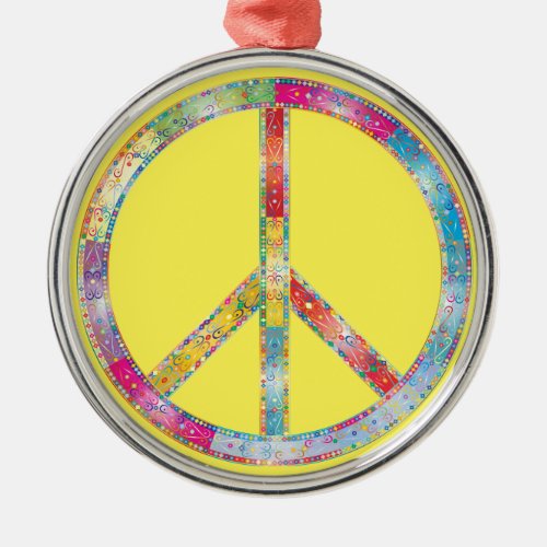 Tie Dye Flourished Peace Sign Hippie Style Yellow Metal Ornament