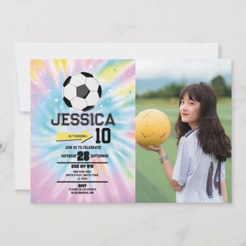 Tie Dye Football Soccer Birthday Girls Pink Photo Invitation