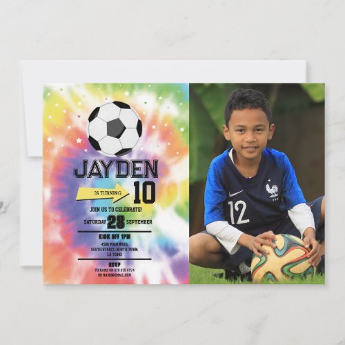 Tie Dye Football Soccer Birthday Party Boys Photo Invitation