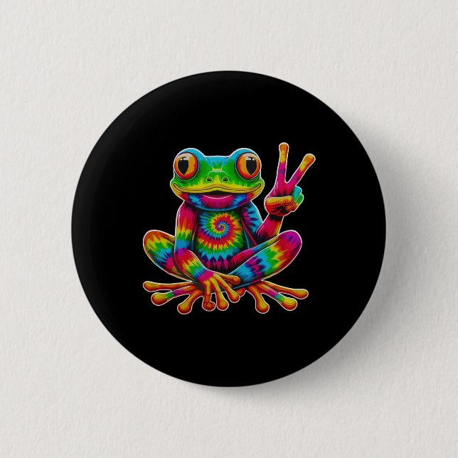 Tie-dye Frog Peace Sign Hippie Christmas Frog  Button (Front)