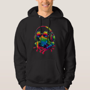 Tie-Dye Frog Peace Sign Hippie Frog With Headphone Hoodie