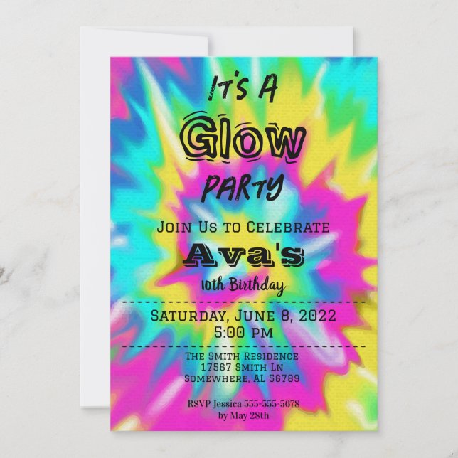 Tie Dye Glow Birthday Party Invitation (Front)