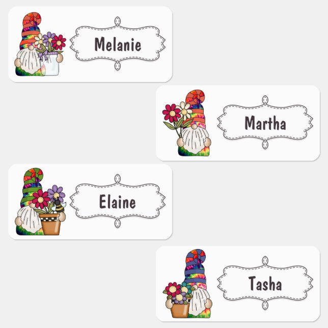 Tie dye gnomes flowers personalized name sign kids' labels (Group)