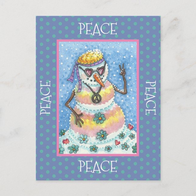 TIE DYE GROOVY SNOWMAN, PEACE ON EARTH CHRISTMAS HOLIDAY POSTCARD (Front)