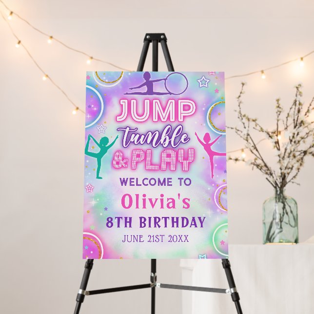 Tie Dye Gymnastics Jump Play Birthday Welcome Foam Board (In Situ (Stand))
