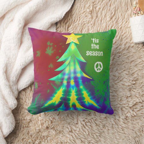 Tie Dye Hippie Christmas Tree with Peace Symbol Throw Pillow