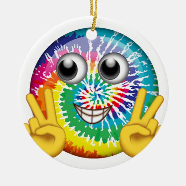 Tie-Dye Hippie Emoji Peace Sign Ceramic Ornament (Front)