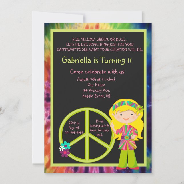 Tie Dye Hippie Girl & Peace Sign Birthday Invite (Front)