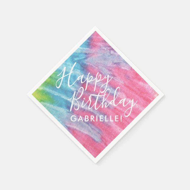 Tie Dye Hippy Chic Pink Teal Happy Birthday Name Napkins (Corner)
