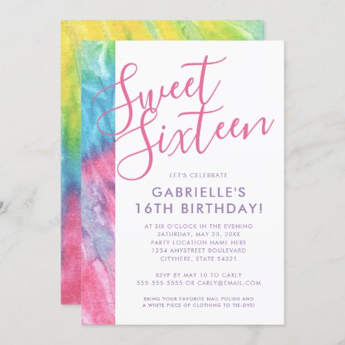 Tie Dye Hippy Chic Pink Teal Sweet 16 Birthday Invitation