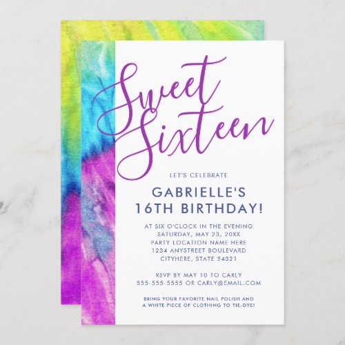 Tie Dye Hippy Chic Purple Aqua Blue Sweet 16 Invitation