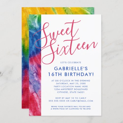 Tie Dye Hippy Chic Red Blue Yellow 16th Bday Party Invitation