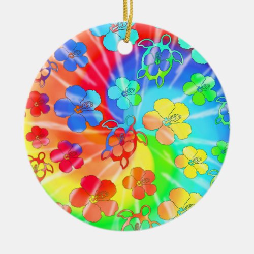 Tie Dye Honu And Hibiscus Ceramic Ornament