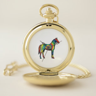 Tie Dye Horse Vintage Engraving Vector Art Pocket Watch