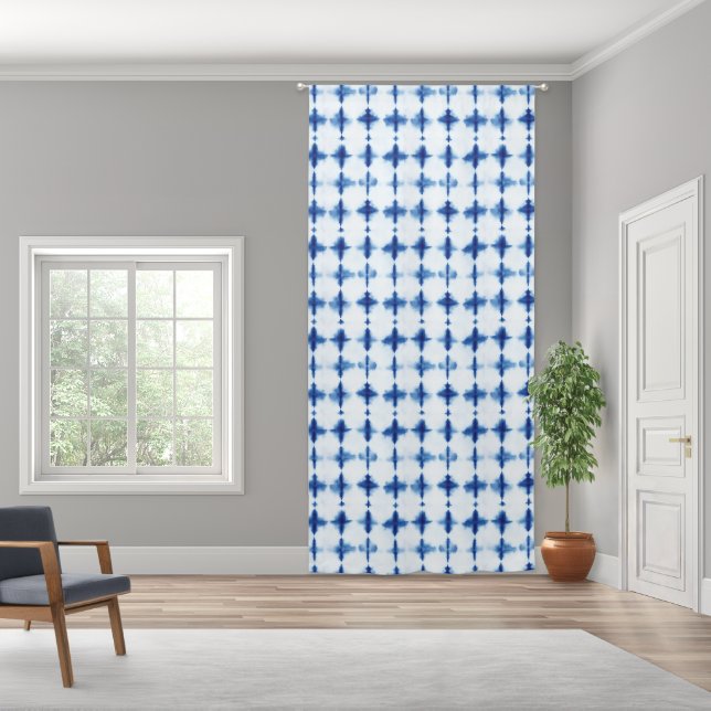 Tie Dye Indigo Blue Geometric Pattern Shibori Blackout Curtains (Wide)