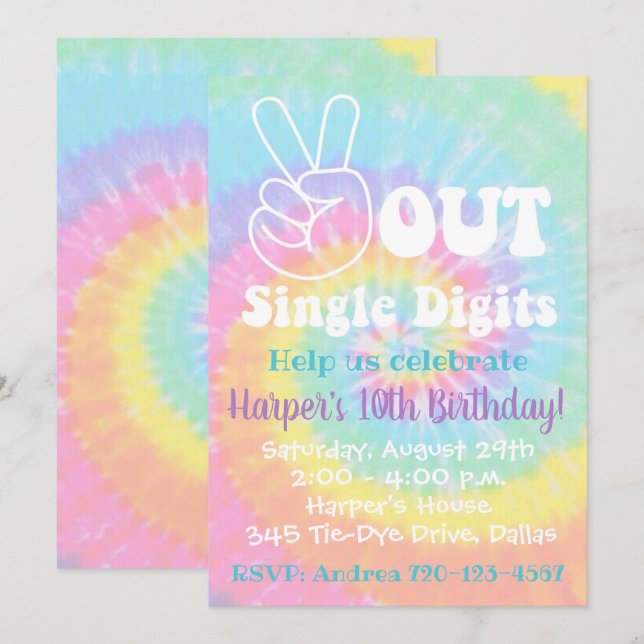 Tie Dye Invitation 10th Birthday Peace Out (Front/Back)