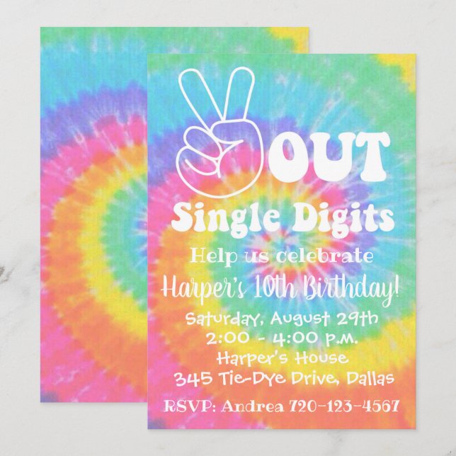 Tie Dye Invitation 10th Birthday Peace Out (Front/Back)