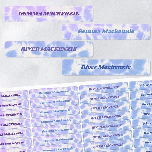 Tie Dye Lavender Blue Kids Name Waterproof Labels