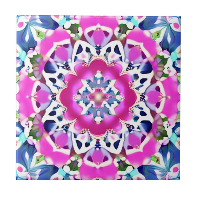 Tie Dye Mandala Pattern Denim Blue and Pink   Ceramic Tile (Front)