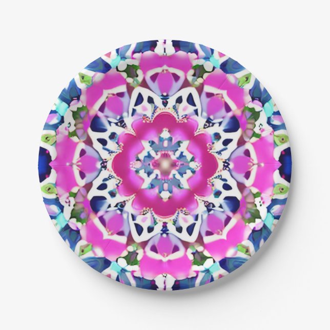 Tie Dye Mandala Pattern Denim Blue and Pink Paper Plates (Front)