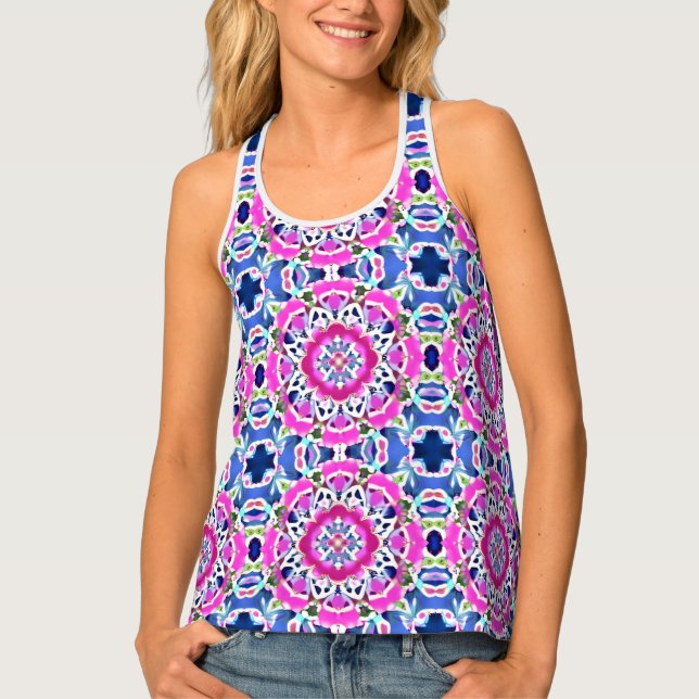 Tie Dye Mandala Pattern Denim Blue and Pink    Tank Top (Front)