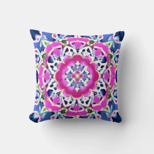 Tie Dye Mandala Pattern Denim Blue and Pink  Throw Pillow
