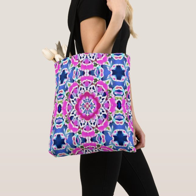 Tie Dye Mandala Pattern Denim Blue and Pink     Tote Bag (Close Up)