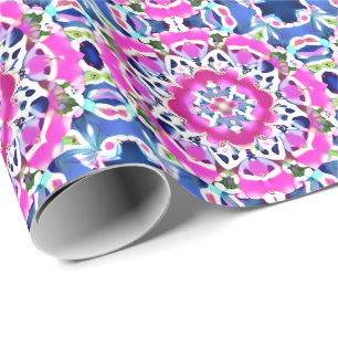 Tie Dye Mandala Pattern Denim Blue and Pink     Wrapping Paper