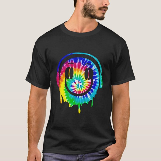 Tie Dye Melting Dj Smiling Face Headphones Edm Rav T-Shirt (Front)