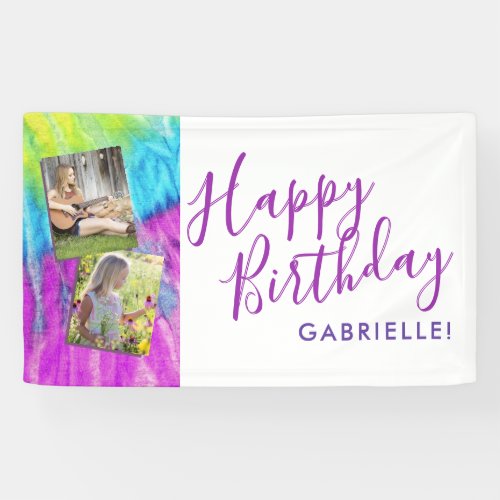 Tie Dye Modern Hippy Purple Happy Birthday Photo Banner