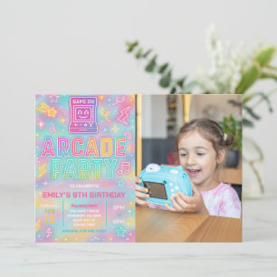 Tie Dye Neon Glow Arcade Party Birthday Photo Invitation