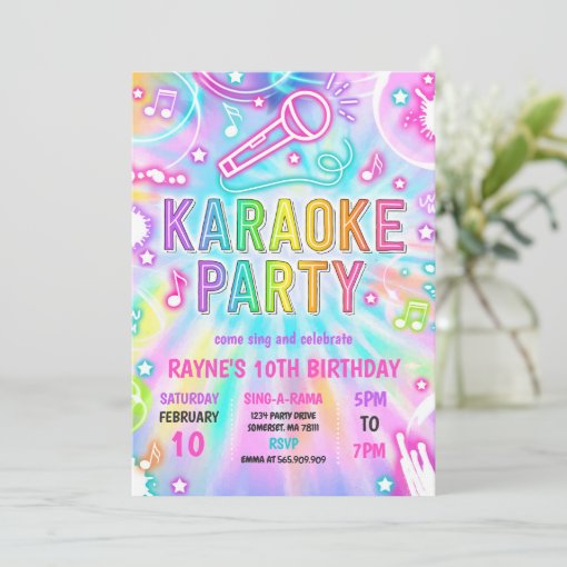 Tie Dye Neon Karaoke Singing Music Birthday Party Invitation | Zazzle