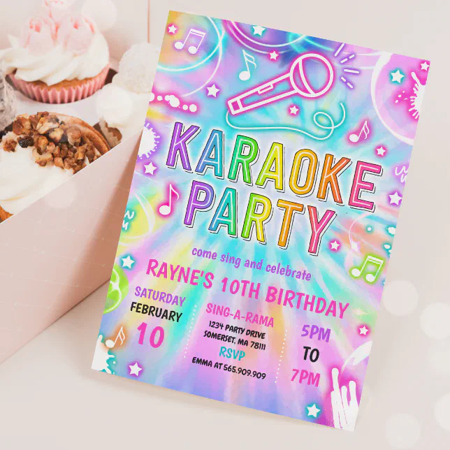 Tie Dye Neon Karaoke Singing Music Birthday Party Invitation | Zazzle