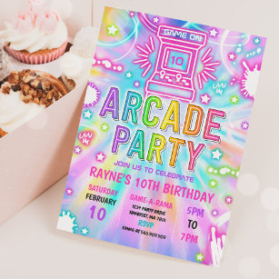 Tie Dye Neon Retro Arcade Gaming Birthday Party Invitation