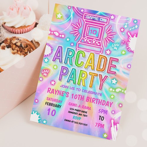 Tie Dye Neon Retro Arcade Gaming Birthday Party Invitation